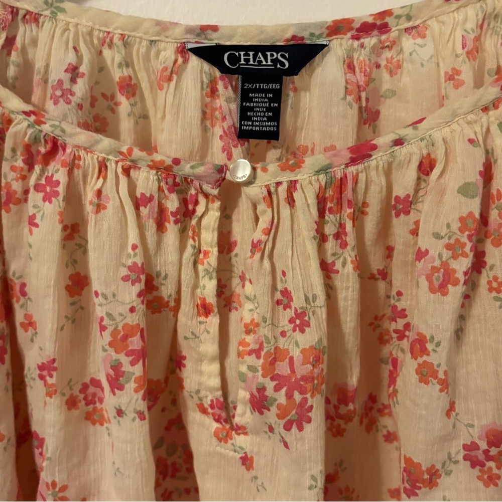 Chaps Women's 2X Crepe Peasant Blouse 3/4 Bell Sleeves Cream Pink Floral - Picture 3 of 10
